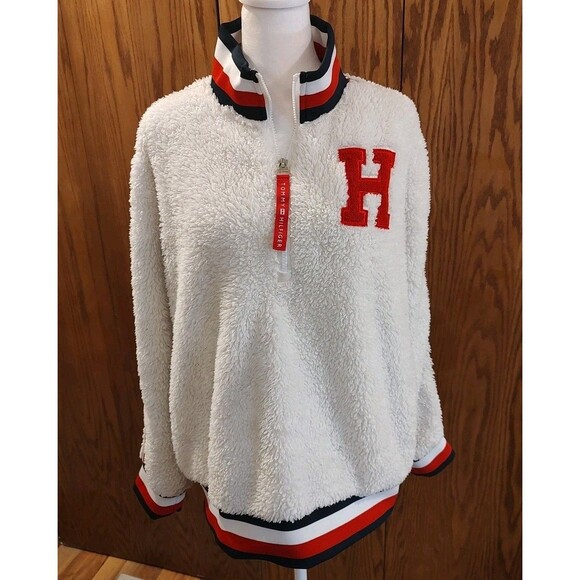 Tommy Hilfiger Fleece Women's Quarter Zip White Size XL Jacket Sweatshirt - Picture 1 of 8
